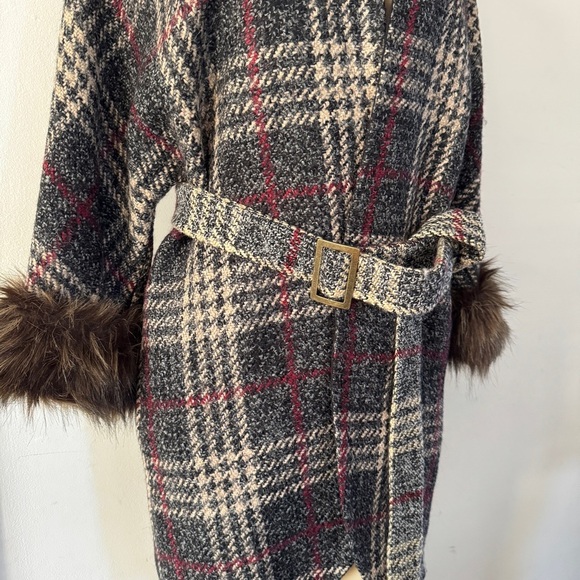 Vintage Y2K Echo Brown Wool Blend Plaid Overcoat Faux Fur Cuffs Wrap‎ Jacket M/L - Picture 8 of 15